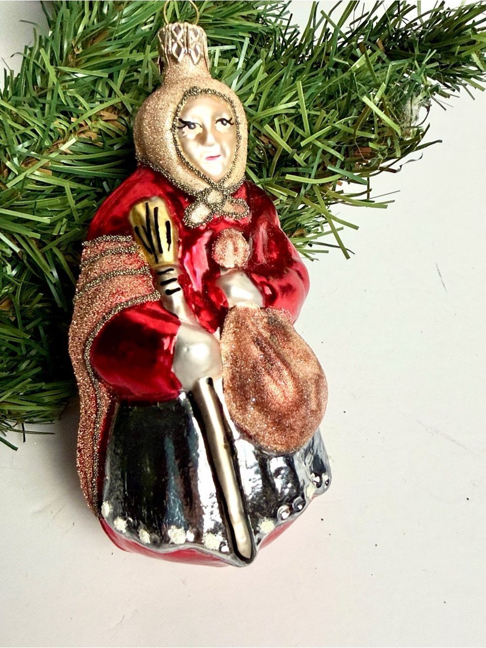 Vintage Hand Blown Glass Christmas Ornament Babushka Woman With Broom & Sack